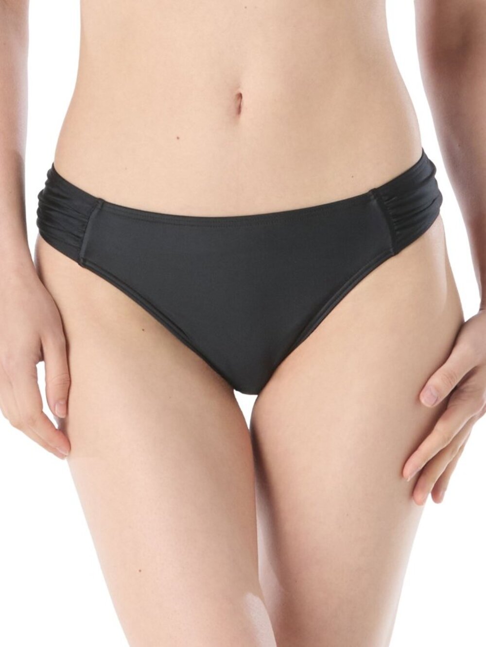 Carmen Marc Valvo  Women's Ruched Side Bikini Bottoms, Black Size Large    NWT